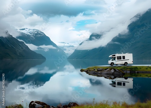 RV Travel Trailer parked by a lake with a mountainous background