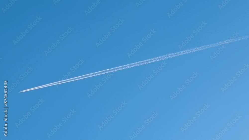 plane flies against background of blue sky leaving a trail behind it plane flies against background of blue sky leaving a trail behind it