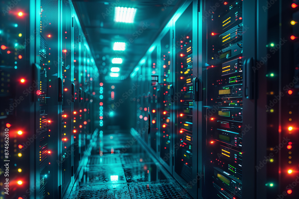 A modern server room with ambient lighting with hundreds of servers in server cabinets A modern server room with ambient lighting with hundreds of servers in server cabinets
