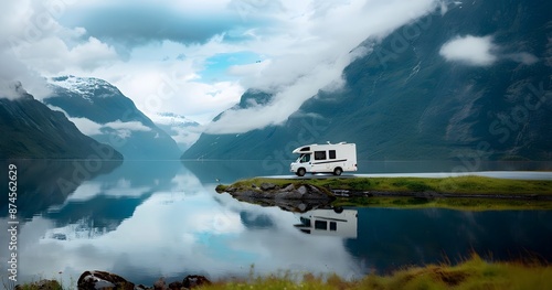 Fototapeta Naklejka Na Ścianę i Meble -  RV Travel Trailer parked by a lake with a mountainous background