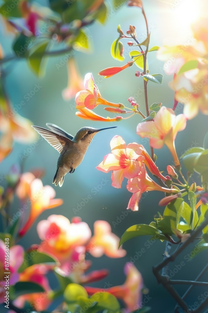 A beautiful hummingbird hovering by vibrant flowers in a sunlit garden, showcasing the beauty of nature and wildlife in a serene setting. A beautiful hummingbird hovering by vibrant flowers in a sunlit garden, showcasing the beauty of nature and wildlife in a serene setting.