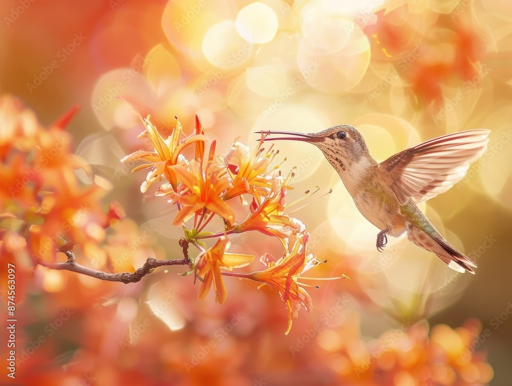 Fototapeta premium A beautiful hummingbird hovering near vibrant orange flowers with a dreamy bokeh background on a sunny day.