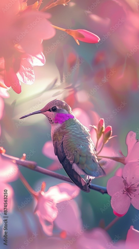 A vibrant hummingbird perches delicately on a branch surrounded by pink blossoms in soft, dreamy light. A vibrant hummingbird perches delicately on a branch surrounded by pink blossoms in soft, dreamy light.