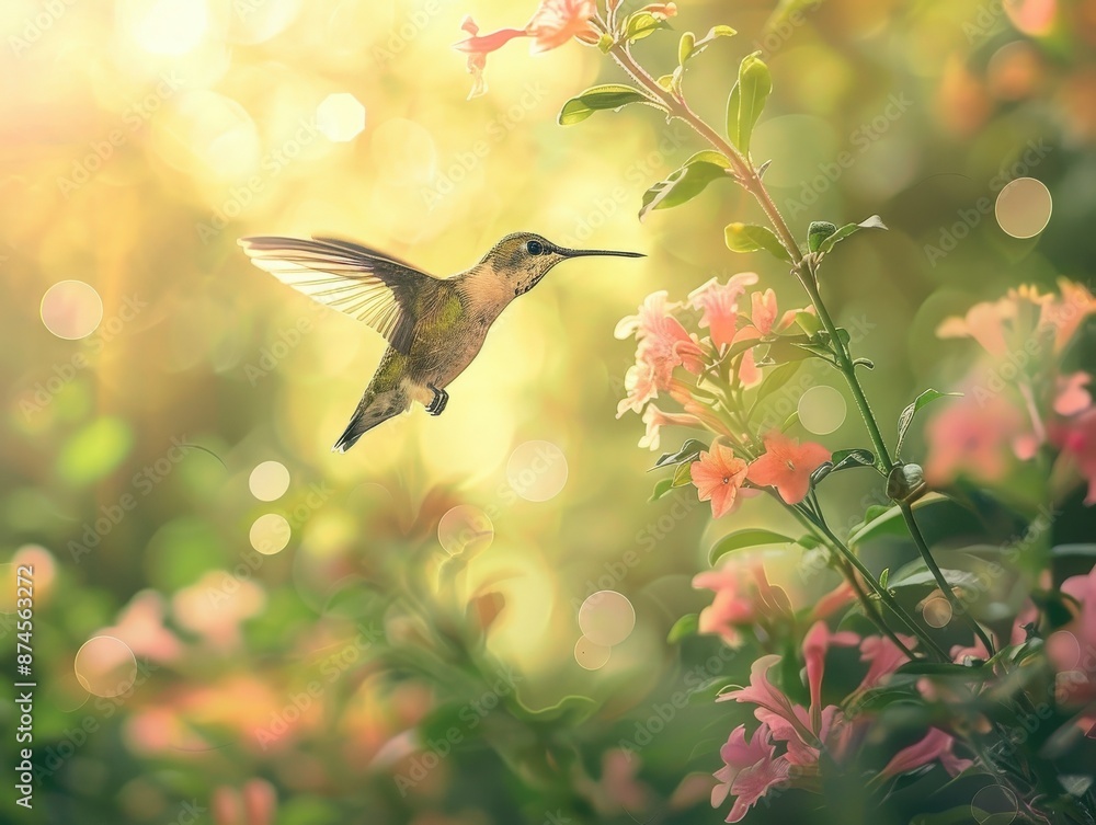 Graceful hummingbird hovers near pink flowers in soft, glowing sunlight, capturing the essence of nature's beauty and tranquility. Graceful hummingbird hovers near pink flowers in soft, glowing sunlight, capturing the essence of nature's beauty and tranquility.