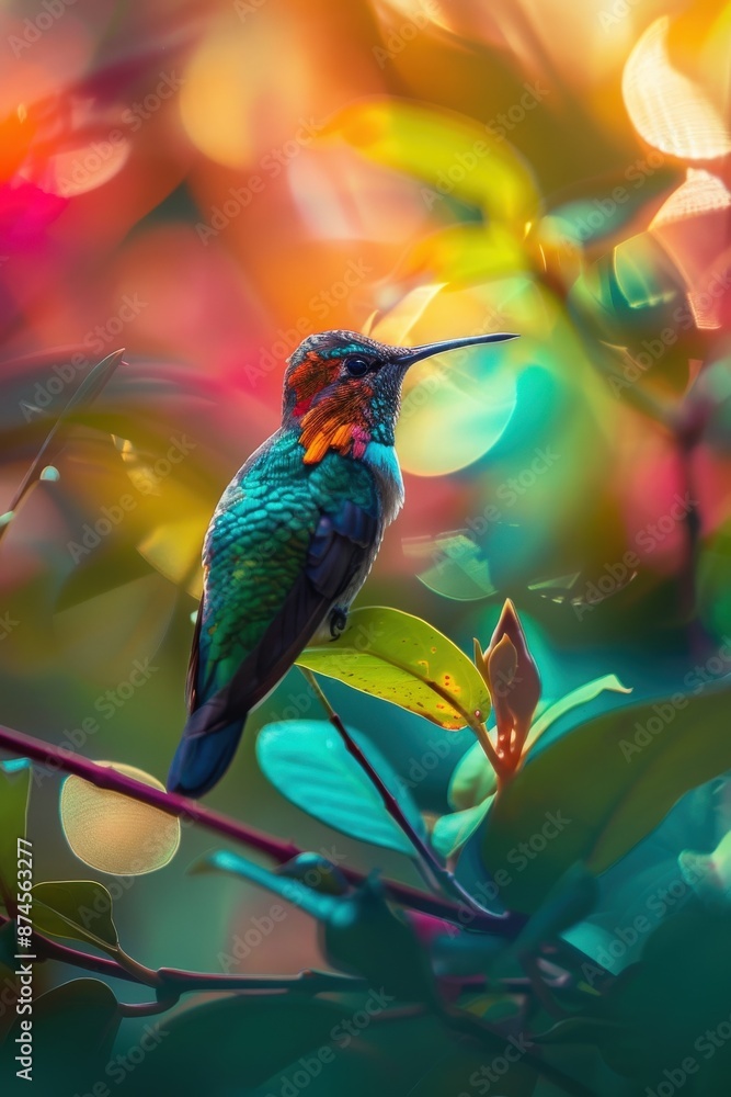 Fototapeta premium Colorful hummingbird perched on a branch with a vibrant, bokeh background of nature and sunlight.
