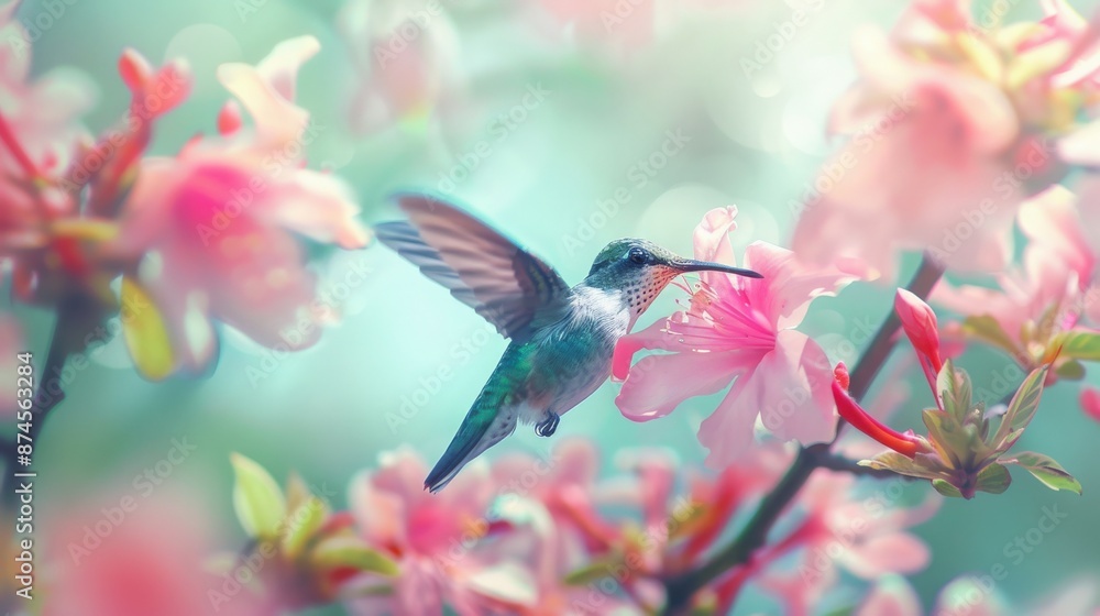 Hummingbird hovering near vibrant pink flowers in a dreamy garden setting, capturing the essence of spring and nature's beauty. Hummingbird hovering near vibrant pink flowers in a dreamy garden setting, capturing the essence of spring and nature's beauty.