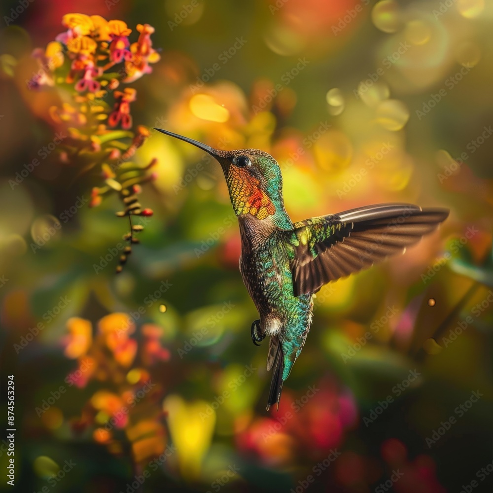 Fototapeta premium Vibrant green hummingbird feeding from colorful flower in a lush garden with sunlight and bokeh effect.