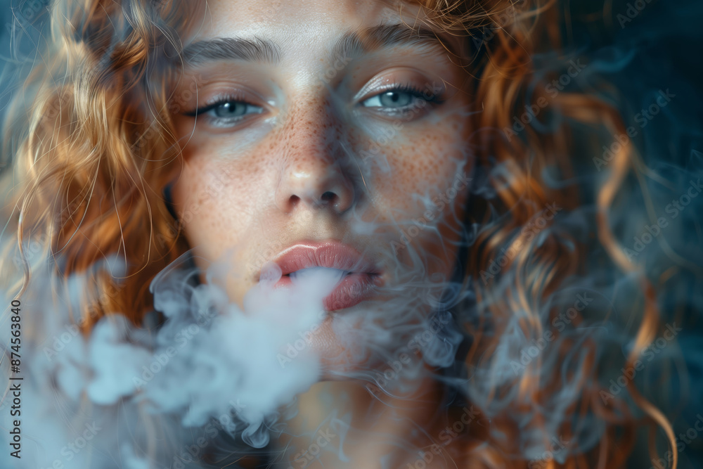 A Young Woman Exhales a Puff of Smoke, Creating a Dreamy Haze in the Air A Young Woman Exhales a Puff of Smoke, Creating a Dreamy Haze in the Air