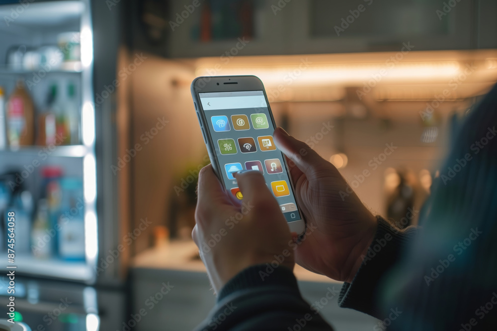 Modern Man Controls Home Appliances With a Smartphone in a Sleek Kitchen Modern Man Controls Home Appliances With a Smartphone in a Sleek Kitchen