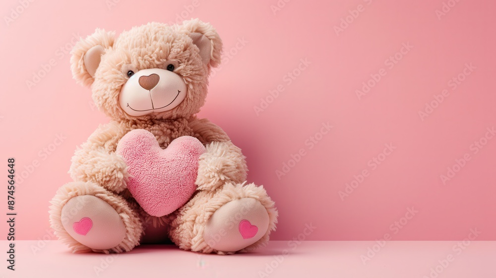 A cute cartoon teddy bear hugging a heart, with a sweet smile, on a light pink background A cute cartoon teddy bear hugging a heart, with a sweet smile, on a light pink background