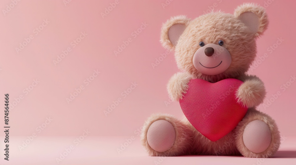 A cute cartoon teddy bear hugging a heart, with a sweet smile, on a light pink background A cute cartoon teddy bear hugging a heart, with a sweet smile, on a light pink background