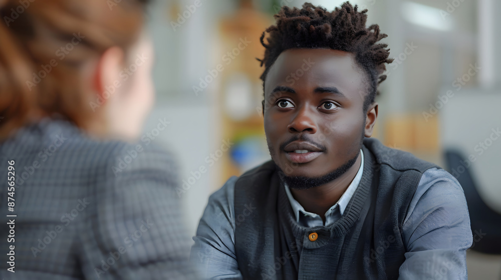 Migrant man with dreadlocks talks to a woman during an interview. Generative by AI Migrant man with dreadlocks talks to a woman during an interview. Generative by AI