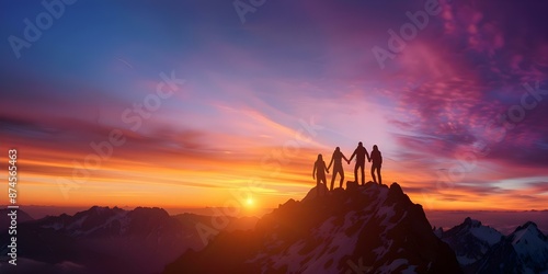 Teamwork in mountain sunset group holding hands reaching summit panoramic view. Concept Teamwork, Mountain Sunset, Group Holding Hands, Summit Panoramic View © Ян Заболотний