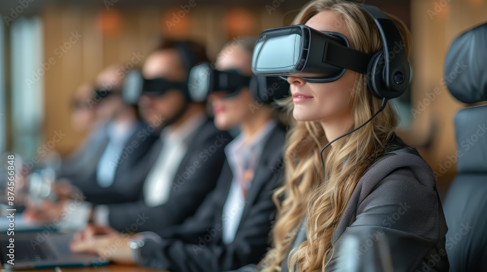 A line of business professionals immersed in virtual reality experiences during a corporate meeting. A line of business professionals immersed in virtual reality experiences during a corporate meeting.