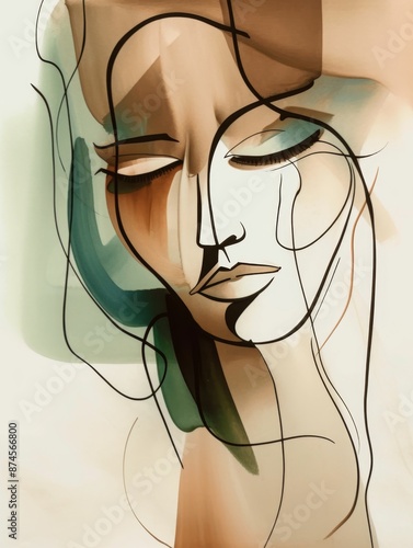  Modern abstract watercolor art that portrays the serene face of a woman, delicately rendered with flowing lines and subtle hues of beige, brown and green.