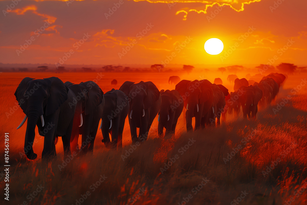 Fototapeta premium African Elephant Herd Silhouette Against Sunset