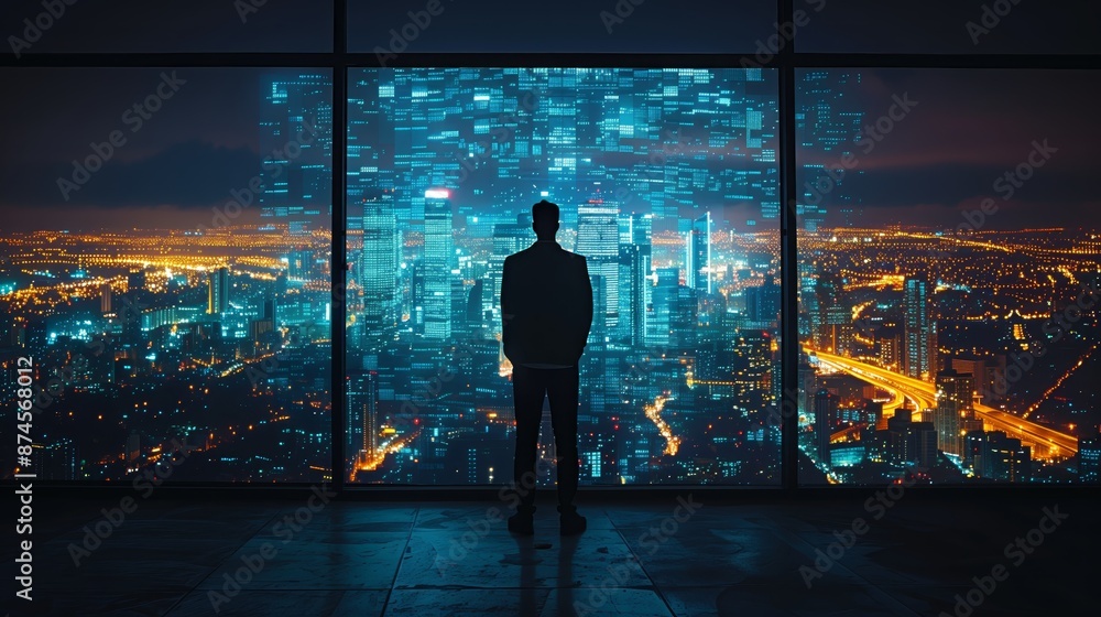 Fototapeta premium An individual observing a vibrant city at night through a panoramic window overlaid with holographic data visualizations. The scene conveys themes of innovation, analytics, and urban development