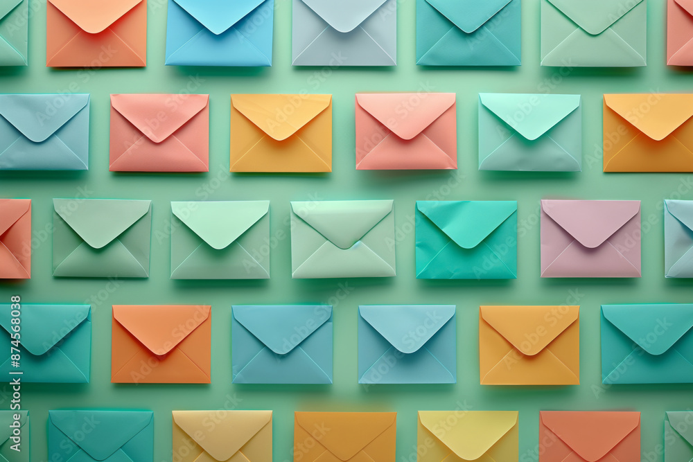 A Symphony of Colors: A Pattern of Envelopes Arranged on a Mint Green Background A Symphony of Colors: A Pattern of Envelopes Arranged on a Mint Green Background