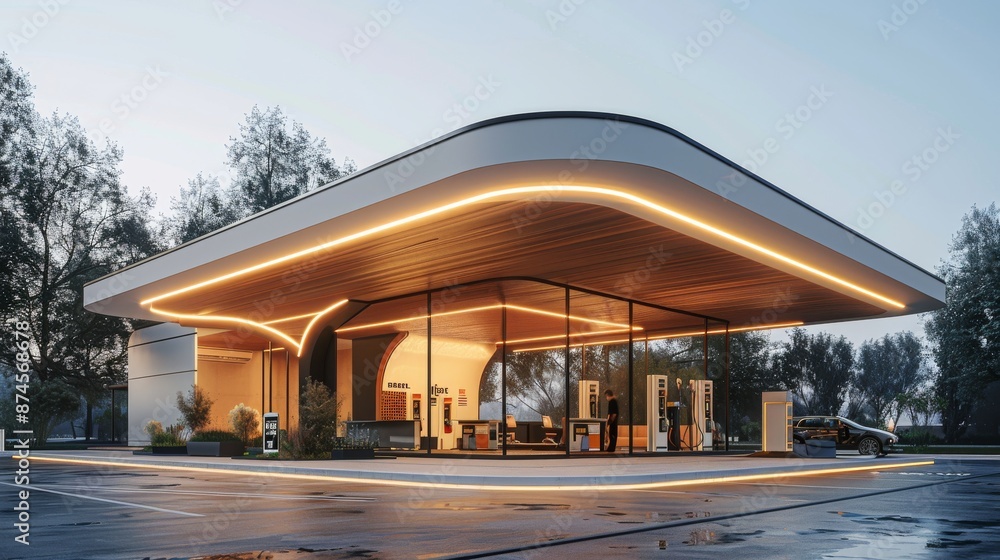 Modern gas station with a sleek canopy and a minimalist design, set against a clear sky, emphasizing contemporary architecture and functionality Modern gas station with a sleek canopy and a minimalist design, set against a clear sky, emphasizing contemporary architecture and functionality