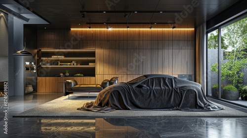 Modern interior with a covered car in a spacious garage, featuring clean lines and industrial design elements, creating a sense of anticipation and elegance