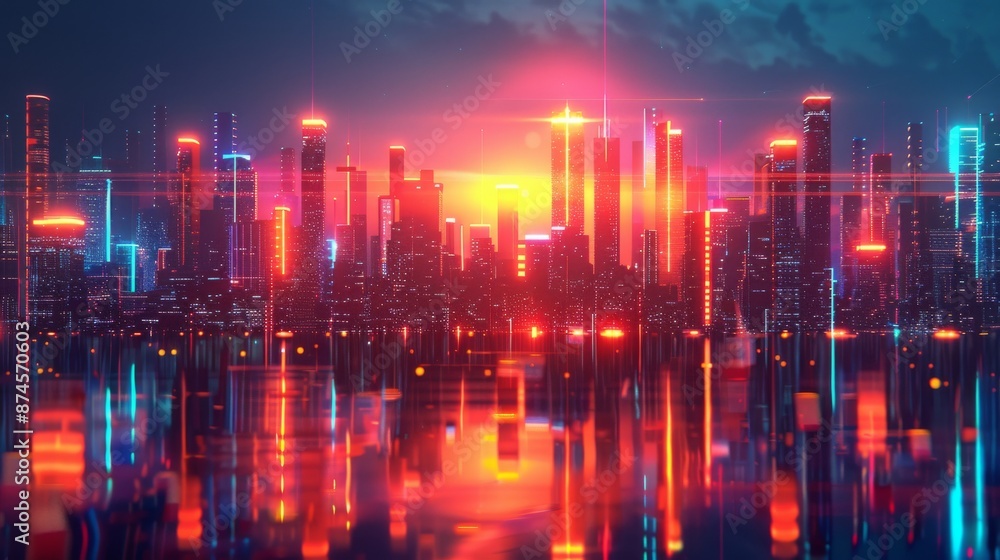 Fototapeta premium Futuristic cityscape with glowing neon buildings and a reflective surface, set against a dark background, emphasizing modernity and technology