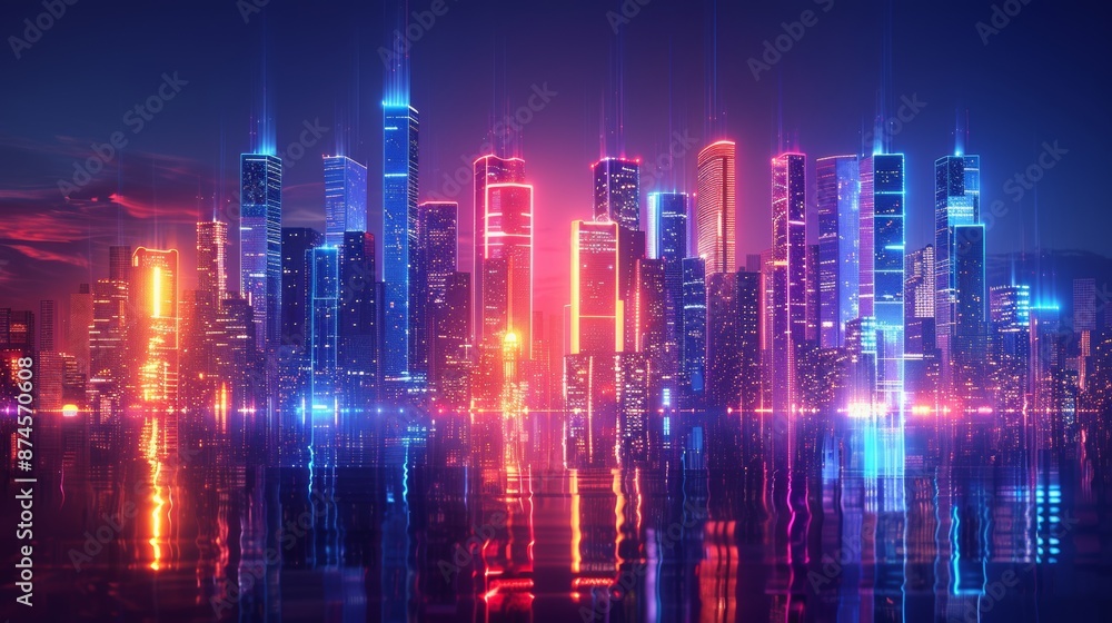 Fototapeta premium Futuristic cityscape with glowing neon buildings and a reflective surface, set against a dark background, emphasizing modernity and technology