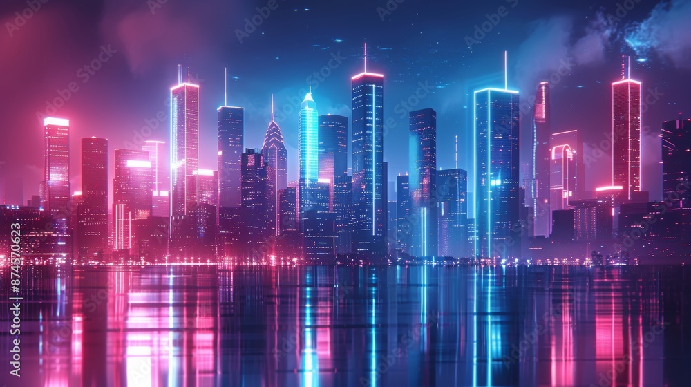Futuristic cityscape with glowing neon buildings and a reflective surface, set against a dark background, emphasizing modernity and technology Futuristic cityscape with glowing neon buildings and a reflective surface, set against a dark background, emphasizing modernity and technology