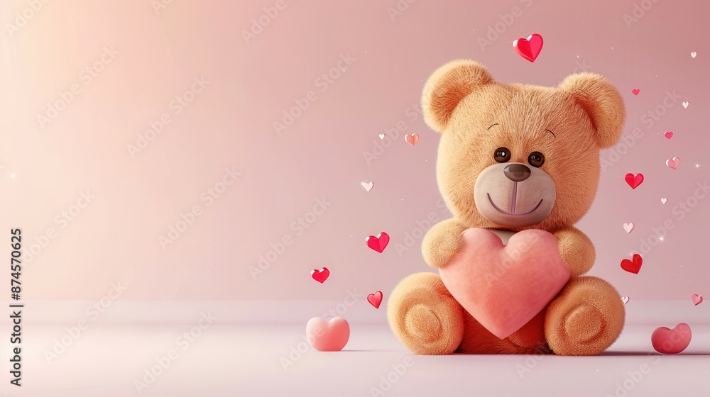 Obraz premium A cute cartoon teddy bear hugging a heart, with a sweet smile, on a light pink background