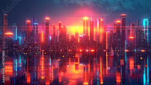 Futuristic cityscape with glowing neon buildings and a reflective surface, set against a dark background, emphasizing modernity and technology