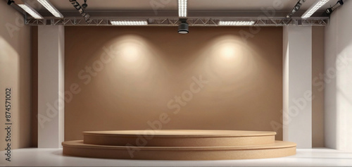 Beige stage background studio perfect for showcasing products, designed for stunning visual presentations and professional photography sessions, highlighting the elegance and quality of each item disp photo