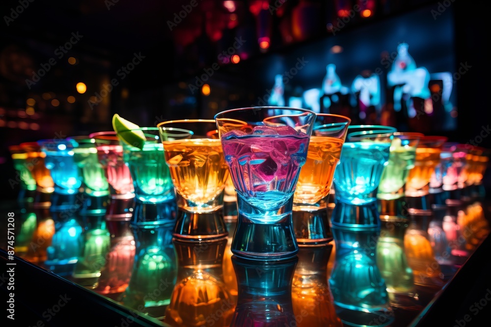 Neon-lit cocktails with bright lighting, creating a modern and fashionable atmosphere for bars and clubs Neon-lit cocktails with bright lighting, creating a modern and fashionable atmosphere for bars and clubs