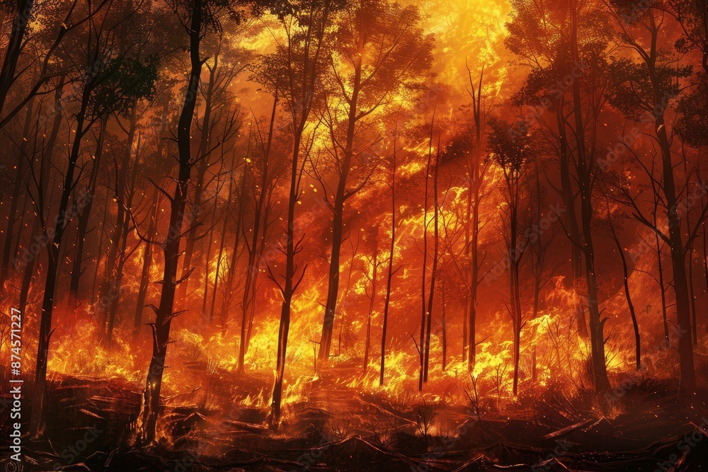 Intense flames engulf a dense forest, with trees silhouetted against the fierce, spreading fire. The scene portrays the destructive power of a wildfire. Intense flames engulf a dense forest, with trees silhouetted against the fierce, spreading fire. The scene portrays the destructive power of a wildfire.