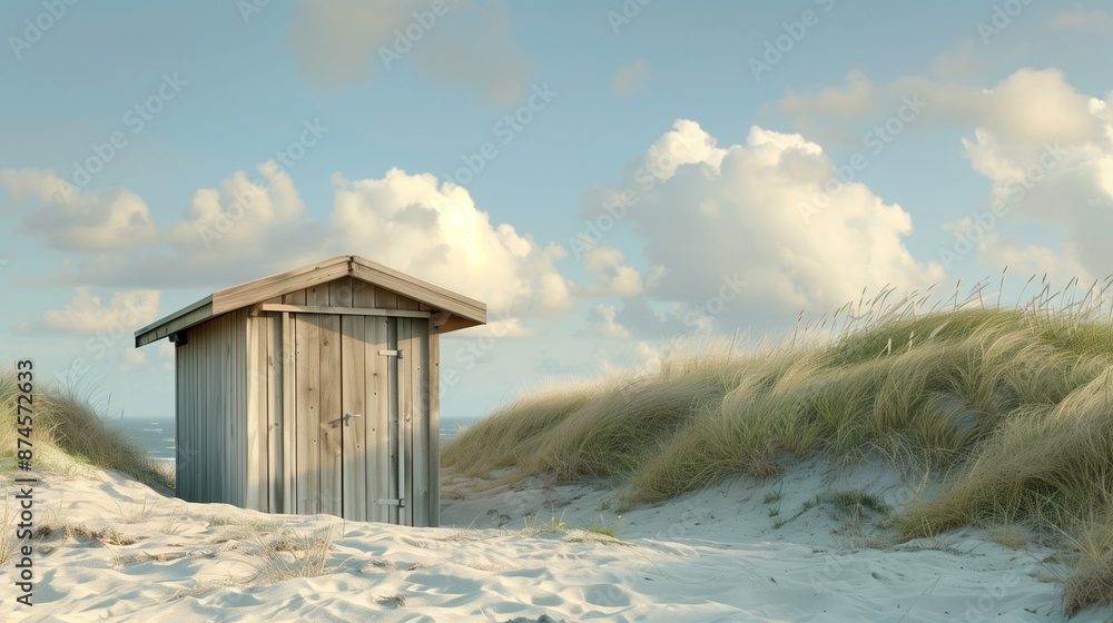 Wooden beach shelter hut on the shore in dunes of dutch island terschelling. Beach. Ultra realistic. Photorealistic Wooden beach shelter hut on the shore in dunes of dutch island terschelling. Beach. Ultra realistic. Photorealistic