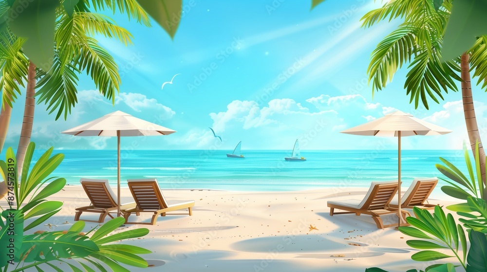 Obraz premium Wonderful beach scenery palms and sun beds with sea view. tropical beach landscape as summer vacation and holiday resort template. Beach. Ultra realistic. Photorealistic