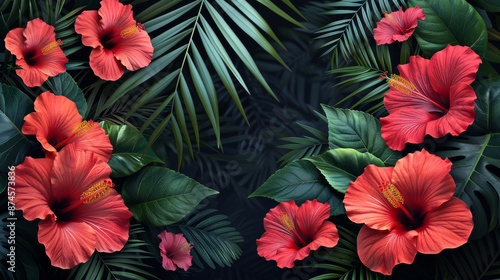Wallpaper Mural Tropical vintage floral palm leaves red hibiscus flower seamless pattern black background Exotic jungle wallpaper  Torontodigital.ca