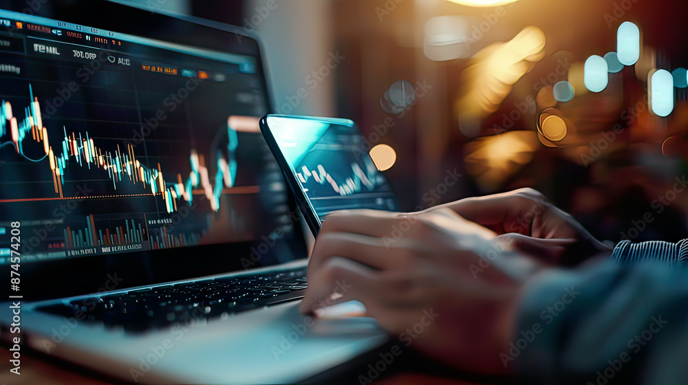 Closeup of businessman hand DeFi NFT financial data on mobile laptop with stock chart business investor digital technology crypto analytics Closeup of businessman hand DeFi NFT financial data on mobile laptop with stock chart business investor digital technology crypto analytics