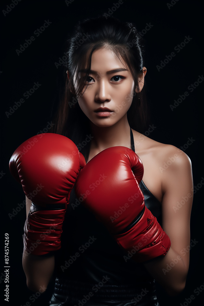 Portrait of young asian woman with boxing glves. Self deffence, wellbeing. High quality photo Portrait of young asian woman with boxing glves. Self deffence, wellbeing. High quality photo