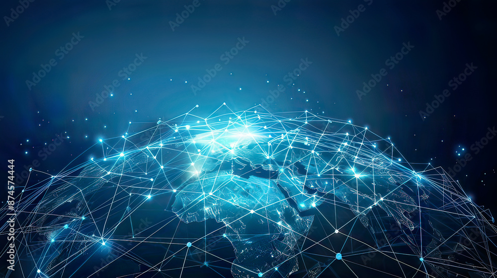 Digital artwork illustrating a global network of interconnected dots and lines enveloping Earth emphasizing international connections in finance internet services and IoT applications. Digital artwork illustrating a global network of interconnected dots and lines enveloping Earth emphasizing international connections in finance internet services and IoT applications.