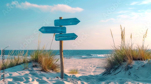 Blue signpost on a sandy beach with ocean waves in the background. Coastal landscape with sand dunes, grass and clear sky. Perfect for travel, vacation, and nature themes. AI