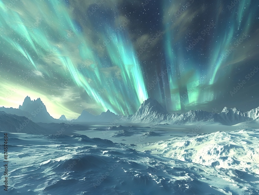 Fototapeta premium Captivating Aurora Borealis Display Over Snowy Mountainous Landscape