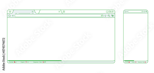 Green internet browser phone app webpage, blank website template vector design. Editable lines web browser with icons illustration. Homepage mockup background illustration. 