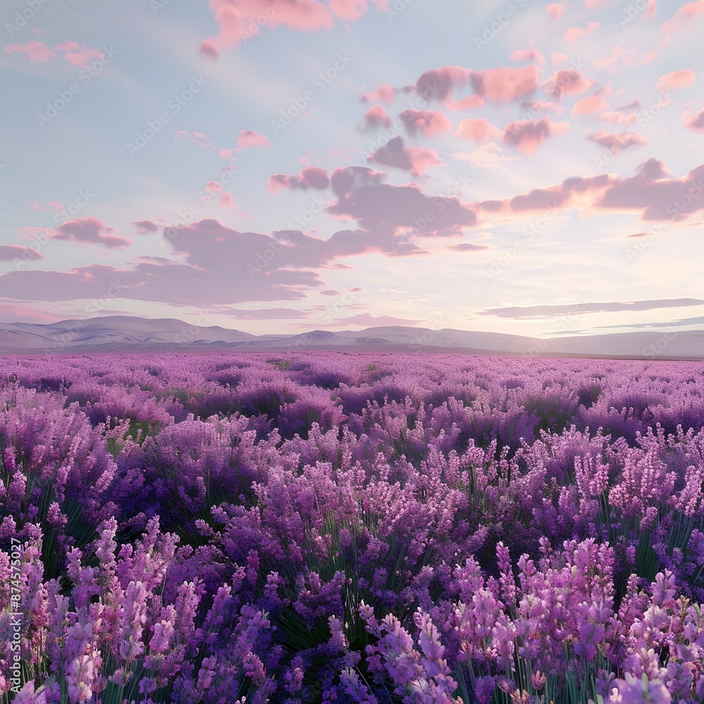 Breathtaking Lavender Field in Full Bloom with Vibrant Purple Flowers and Scenic Sunset Sky Breathtaking Lavender Field in Full Bloom with Vibrant Purple Flowers and Scenic Sunset Sky