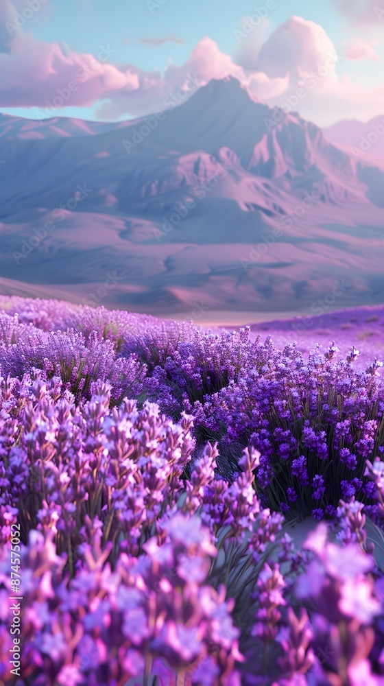 Obraz premium Lavender Fields in Full Bloom with Majestic Mountains in the Background
