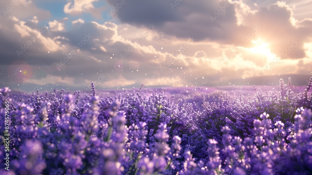 Obraz premium Lavender Field in Full Bloom at Serene Sunset with Glowing Sky and Clouds