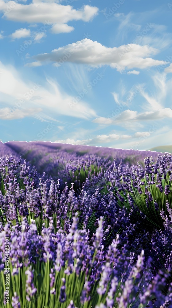 Fototapeta premium Stunning Lavender Field in Full Bloom Against Cloudy Sky Backdrop