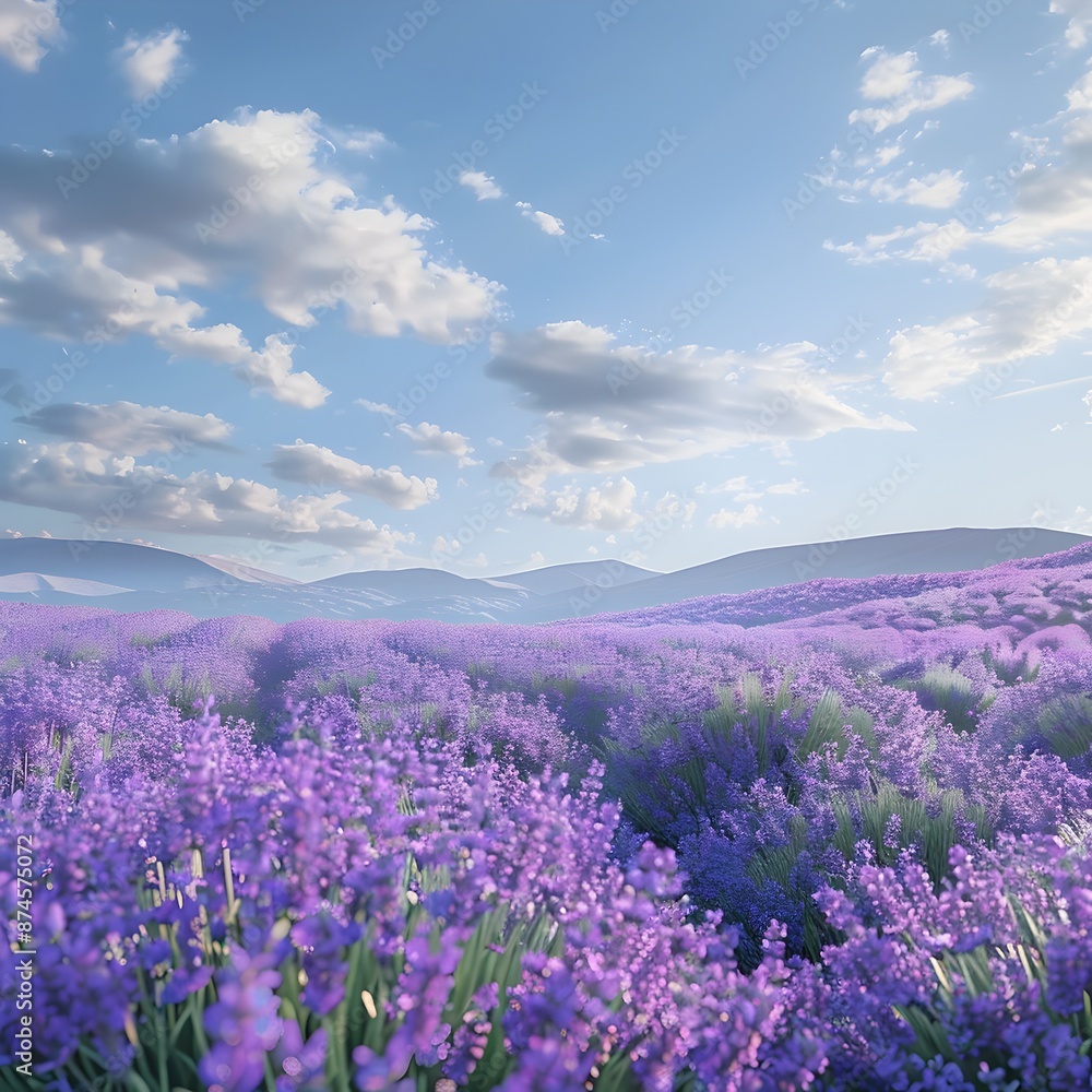 Fototapeta premium Expansive Lavender Field in Bloom Against Mountainous Landscape and Cloudy Sky