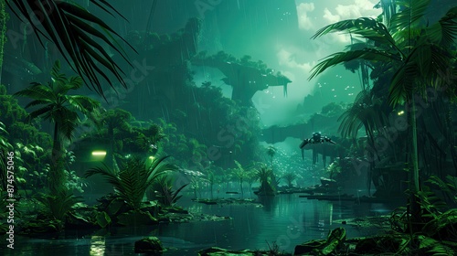 A futuristic jungle covered in bioluminescent plants and inhabited by cybernetically enhanced wildlife, combining natural beauty with high-tech enhancements © Malgorzata