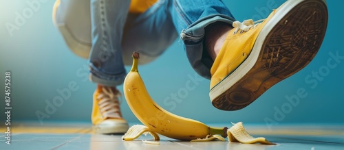 A foot in yellow sneakers stepping on a banana peel, captured mid-step, suggesting an imminent slip or fall on a tiled floor.