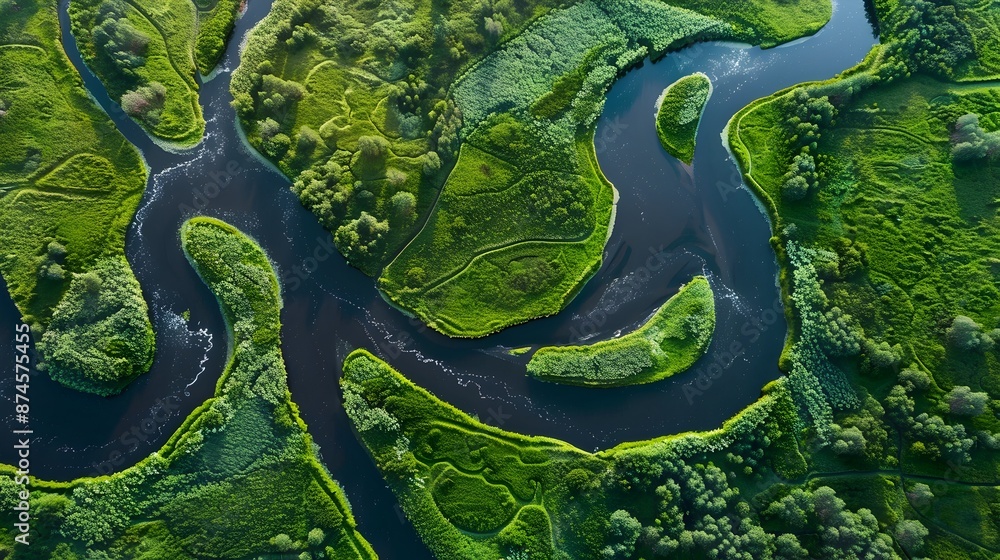Obraz premium Aerial View of a Winding River Flowing Through Lush Green Landscape