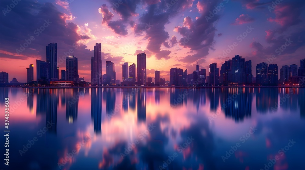 Fototapeta premium Breathtaking Cityscape Reflected in Tranquil Water at Dusk with Vibrant Sunset Glow